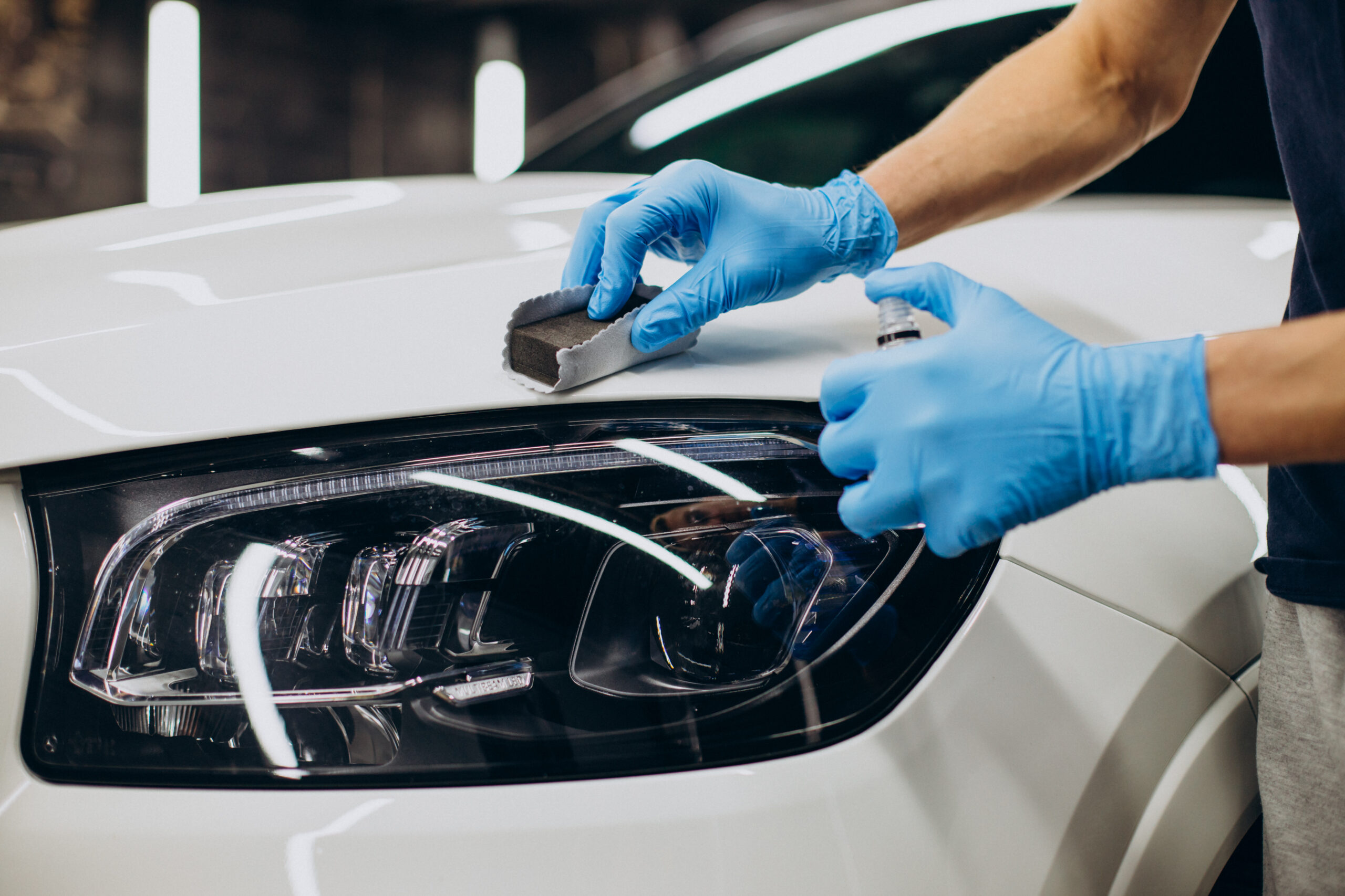 man working car detailing and coating car